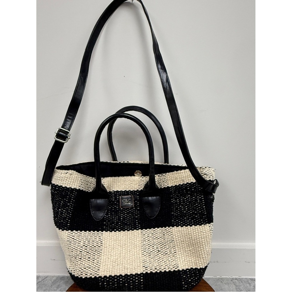 C&C California Black and Cream Striped Woven Tote with Adjustable Shoulder Strap
